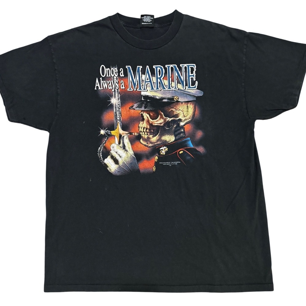 Vintage 1992 3D Emblem USMC Marine Skull T-Shirt Mens XL Black Single Stitch USA